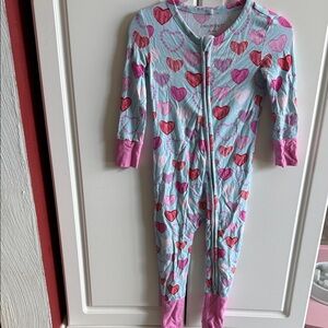 Posh Peanut Light Blue Heart-Print One-Piece Pajamas with Pink Trim